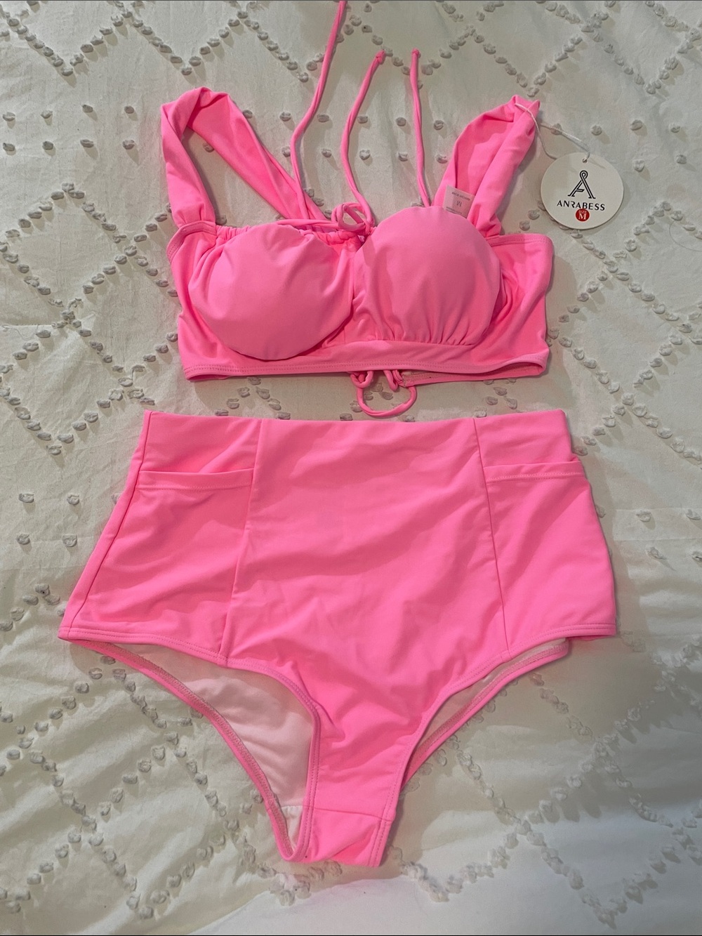 Anrabess High-Waist Bikini Set in Bright Pink lace up back nwot